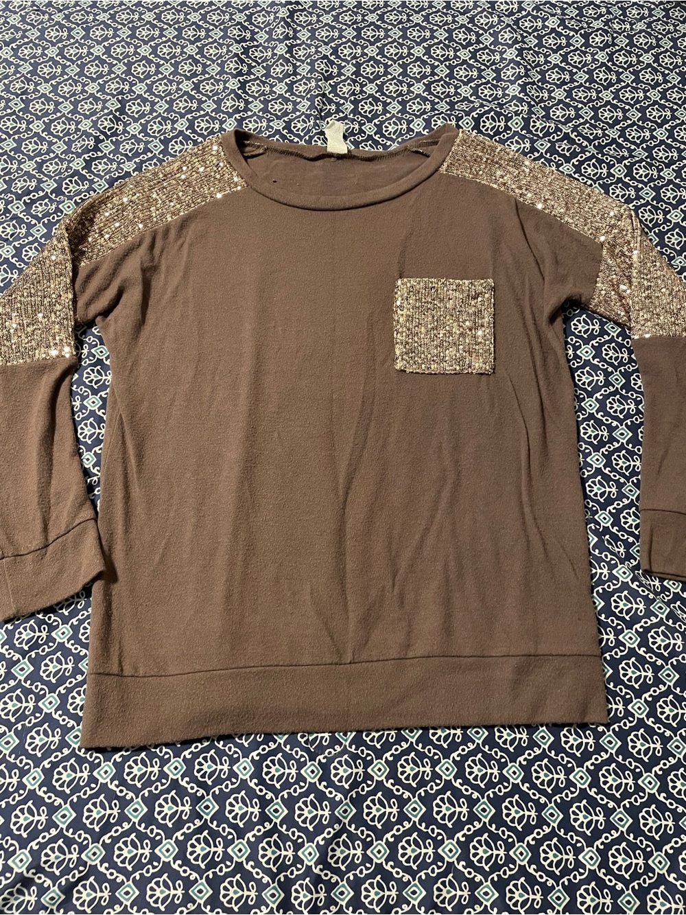 7th Ray Chocolate Brown Crewneck Top with Gold Sequin Pocket & Shoulder Panels